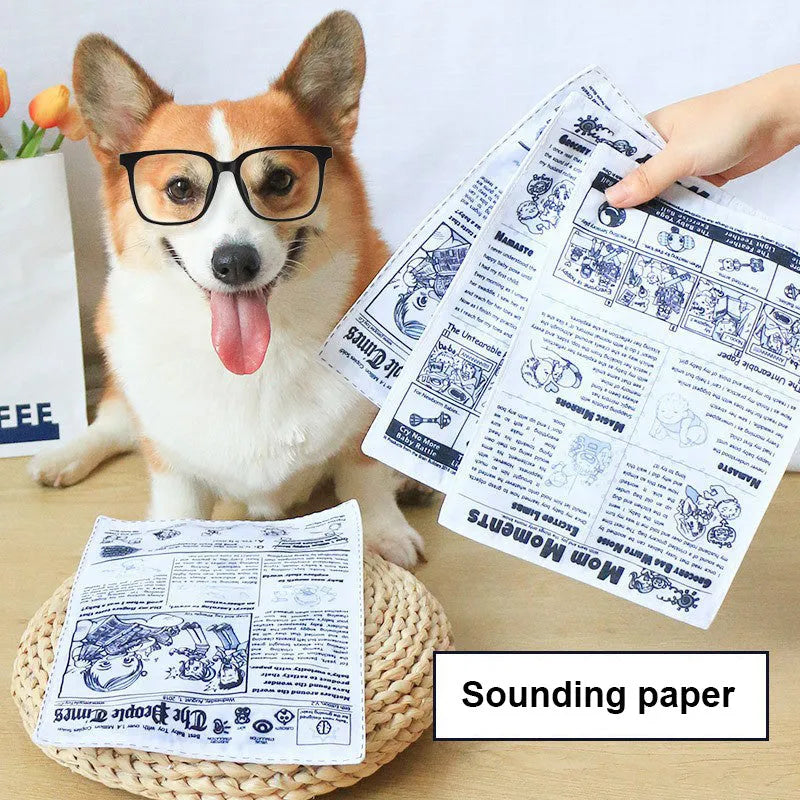 Tearproof squeaking dog toy in playing card or newspaper design for corgi and terrier breeds