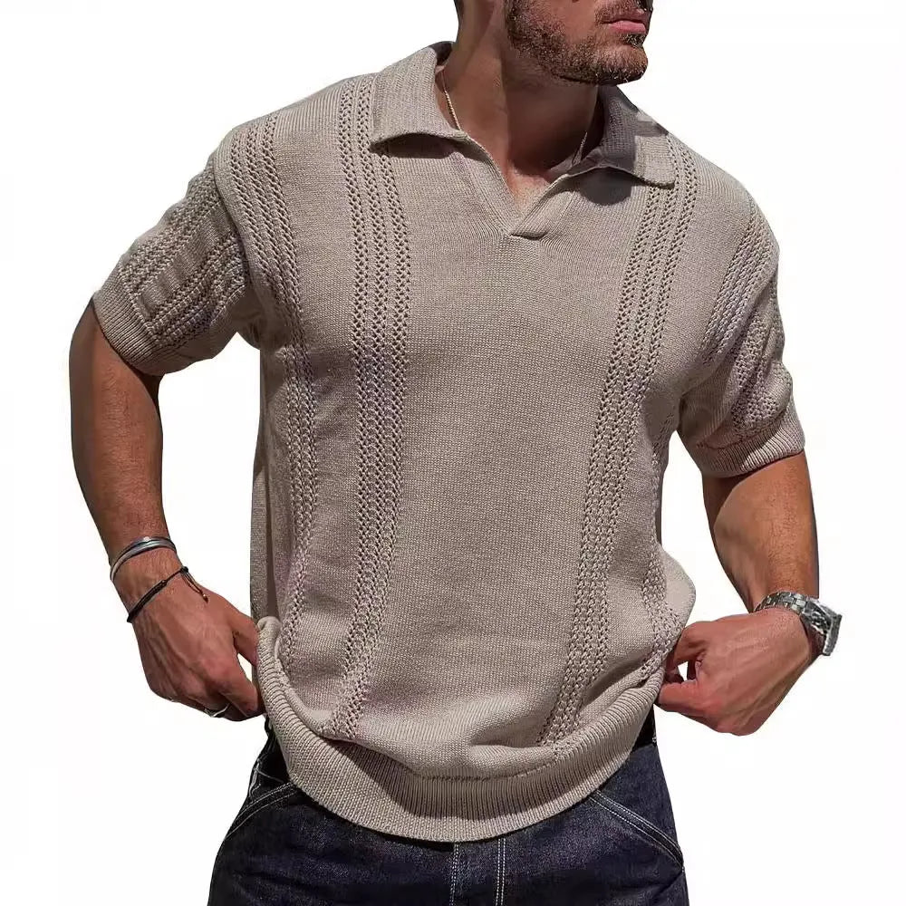 Men's knitted polo shirt short sleeve V-neck hollow in black cotton blend loose fit