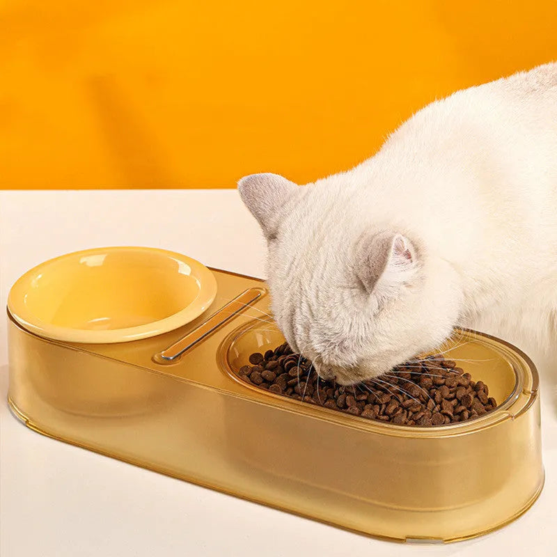 Cat feeding bowl in mixed spoon design, made from PC, stainless steel, and ceramic, available in Mint Green, Taro Purple, and Yellow