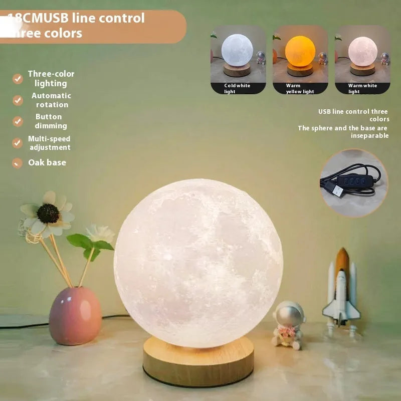 Rotating three-colour moon night light on a wooden base, showing 12cm, 15cm, and 18cm size options.