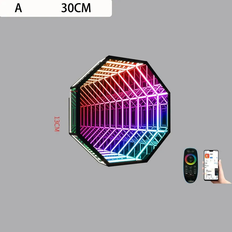 Modern creative octagon wall lamp with colourful mirror glass shade and Bluetooth smart control in 30cm size