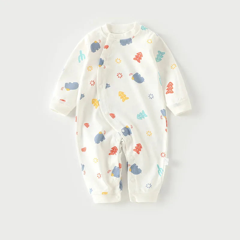 Cotton long climb baby onesie pyjamas in a cartoon print, suitable for newborns.