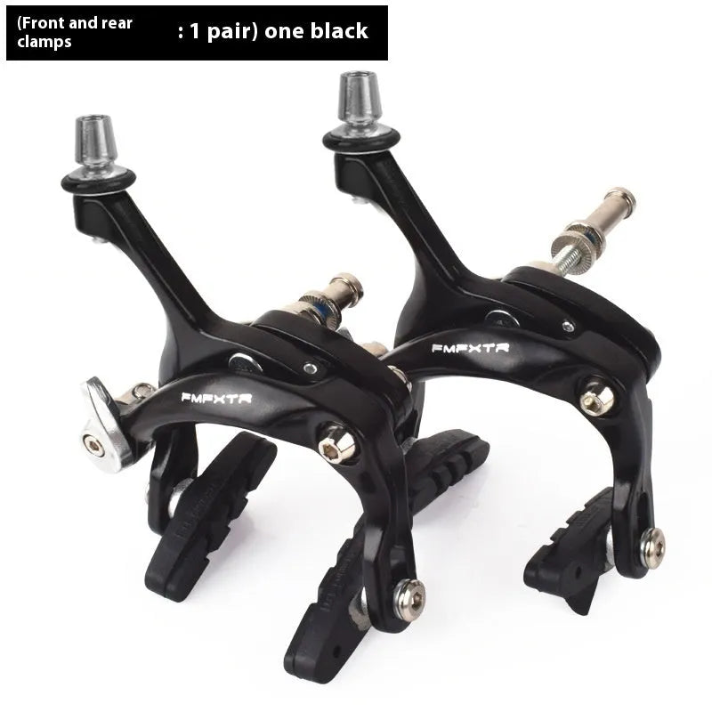 Black and silver metal bicycle brake clamps with dual-axis U-shaped design for road bike installation