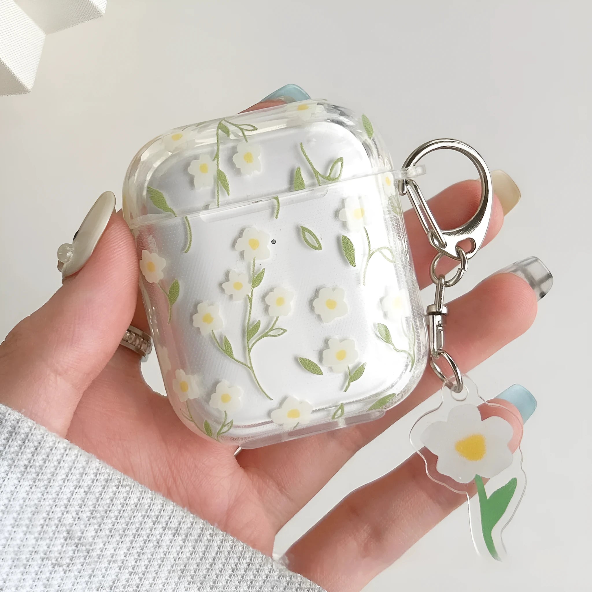 White floral pattern transparent TPU protective case for Apple AirPods wireless earbuds