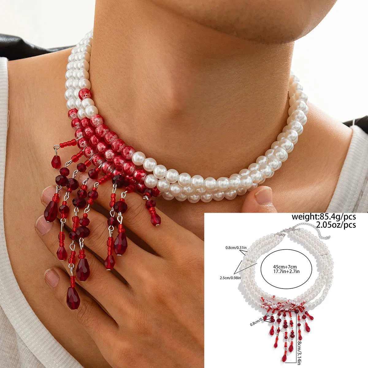 Halloween blood drop geometric pendant necklace with crystal and pearl elements on adjustable chain