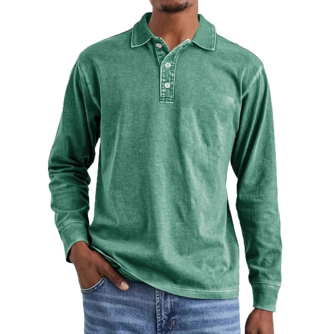 Men's long-sleeve distressed cotton polo shirt with a lapel collar in army green.