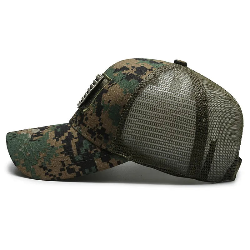 Adjustable Velcro tactical camouflage baseball cap with machine embroidery on cotton dome crown