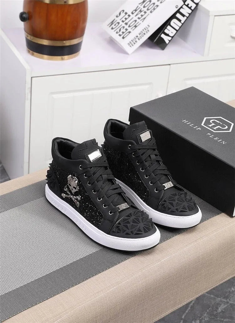 Men's black genuine leather high top skeleton shoes with lacing closure and rubber sole