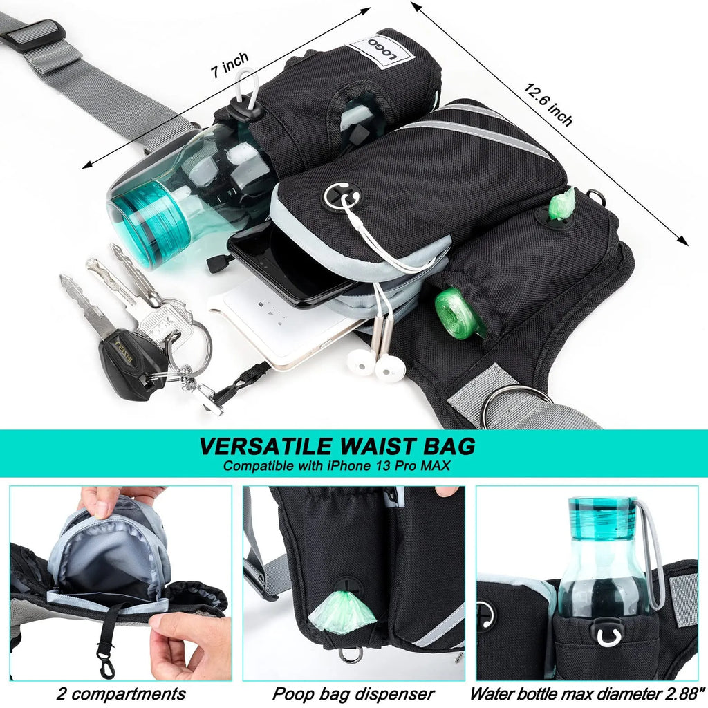 Black outdoor dog walking set with waist bag and adjustable leash on nylon material