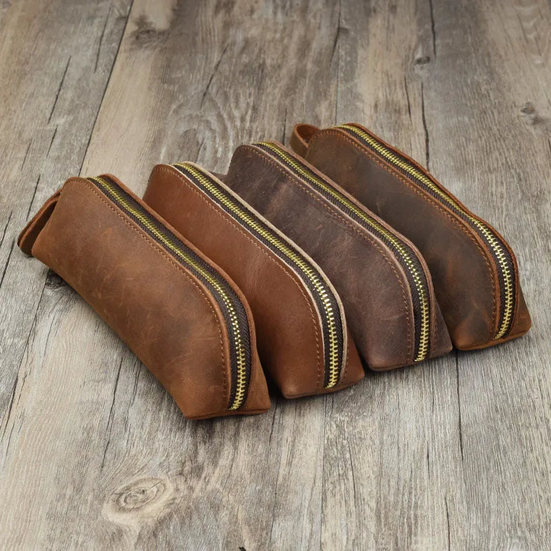 Handmade genuine cowhide leather square pencil case measuring 18cm with zipper closure in solid colour
