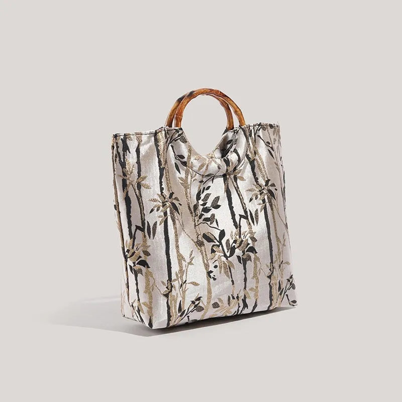 Beige canvas handbag with traditional ink bamboo print, square vertical shape, 26cm by 8cm by 28cm