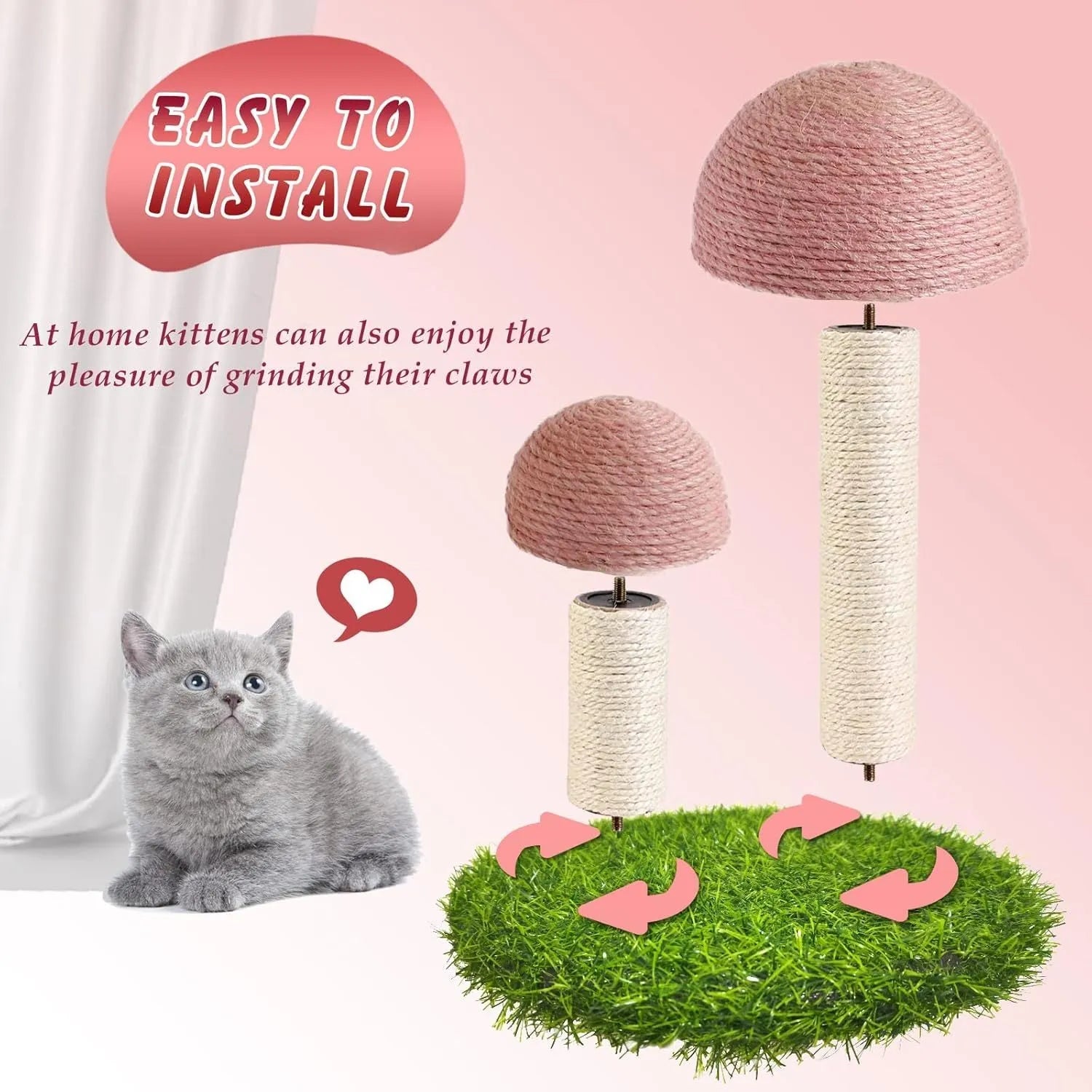 Pink mushroom-shaped cat scratching post with natural sisal caps and pole for small cats