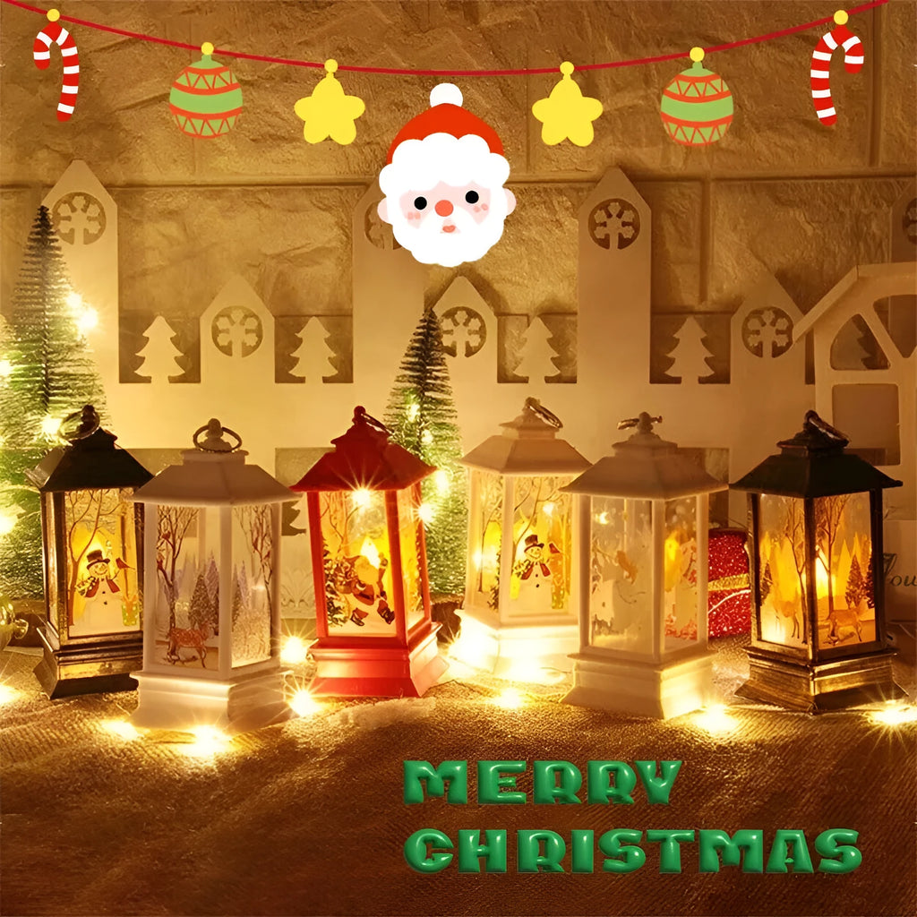 Christmas portable oil lamp with Santa Claus and Christmas tree design, plastic, battery powered, hanging lantern