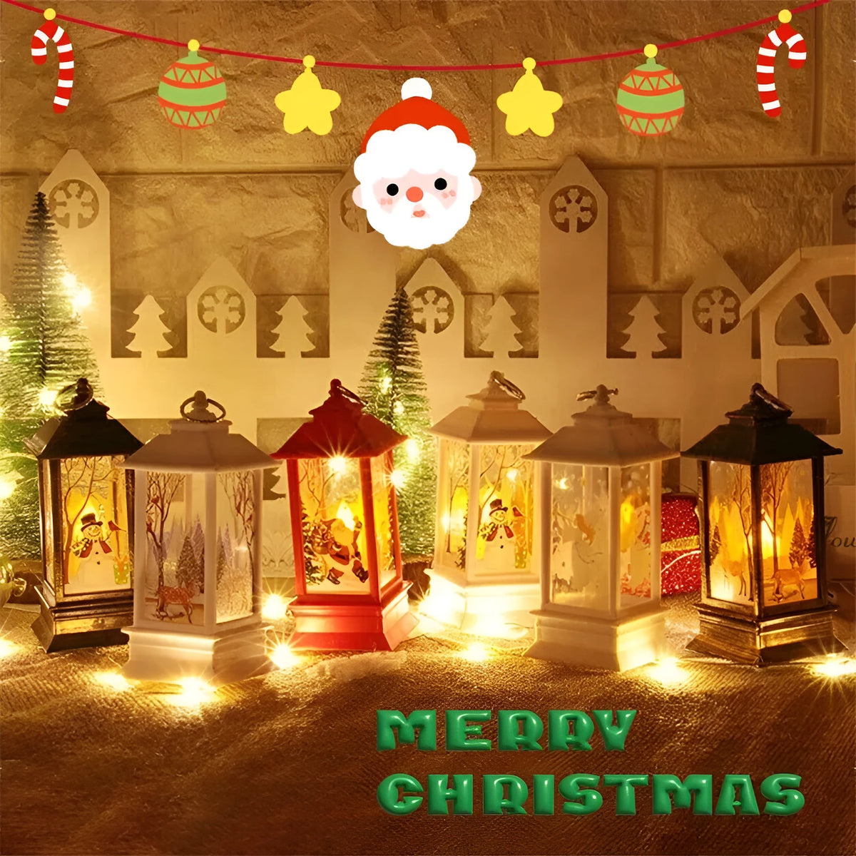 Christmas portable oil lamp with Santa Claus and Christmas tree design, plastic, battery powered, hanging lantern