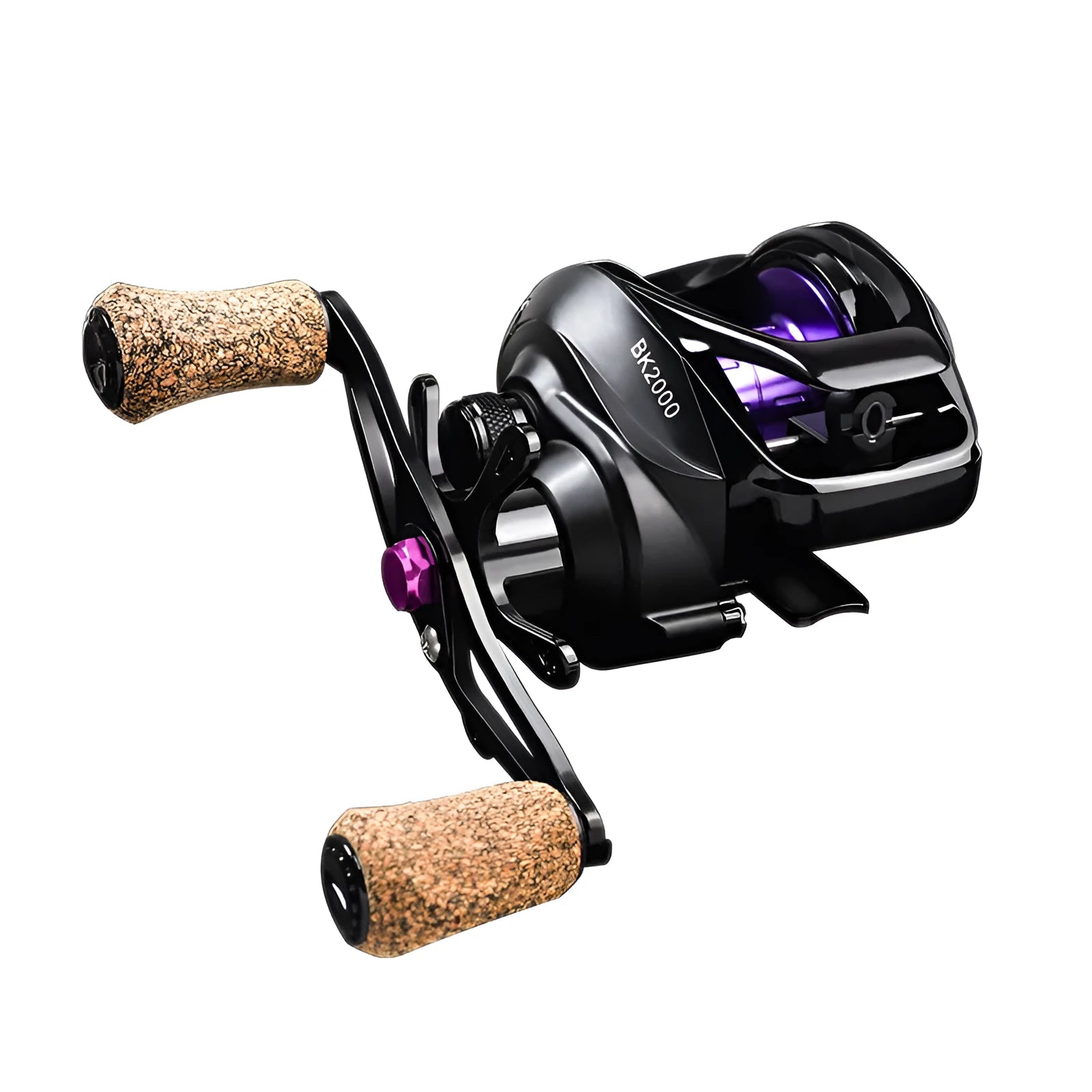 BK water drop wheel fishing reel with ceramic line outlet, metal spool, and cork grip on dark background