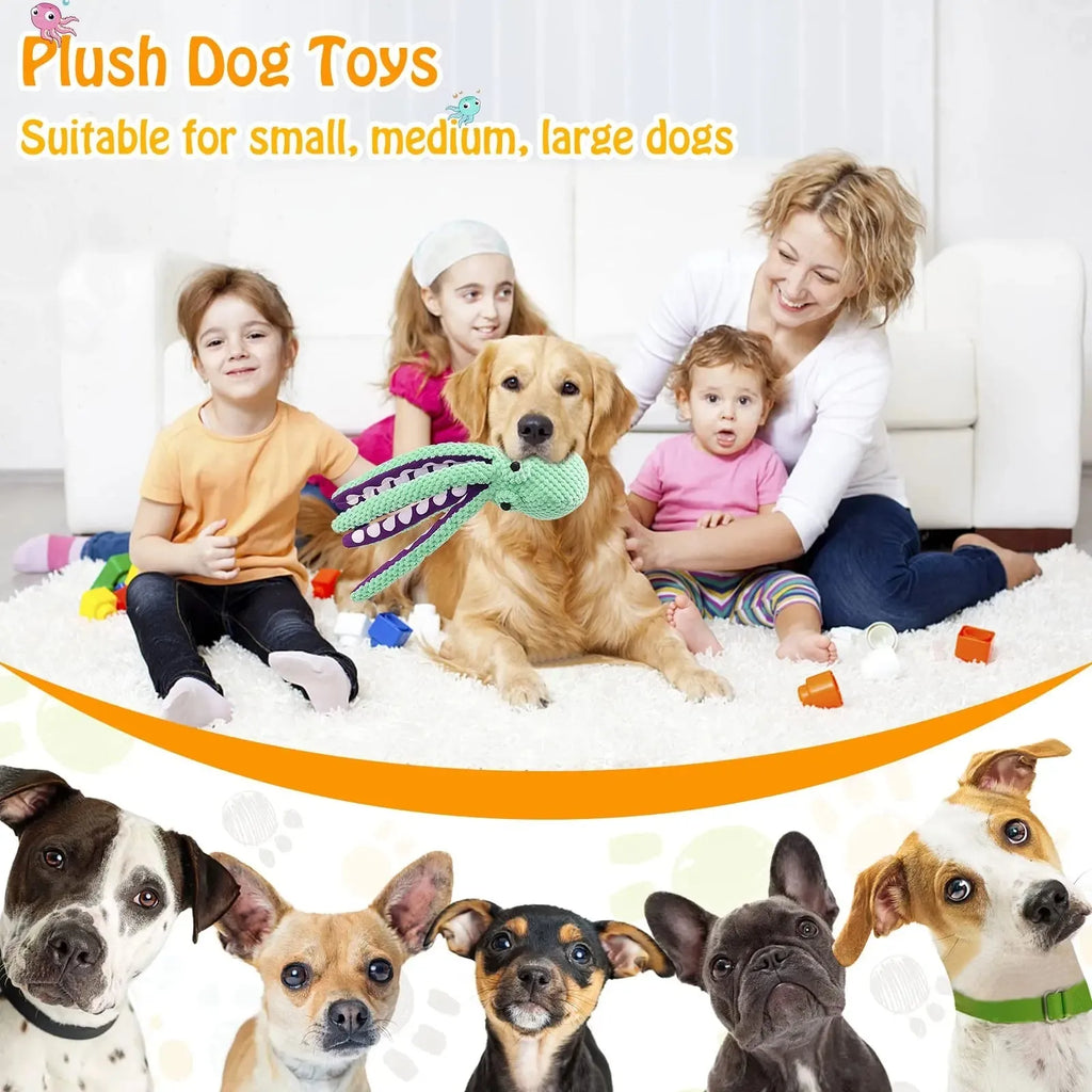 Blue plush octopus dog chew toy with six legs and squeaker for interactive play
