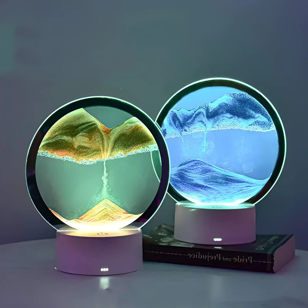 Creative 3D quicksand table lamp with glass shade and touch USB plug-in on a bedside table