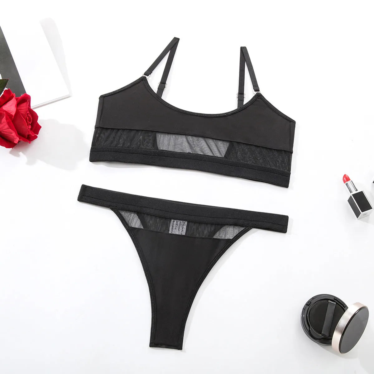 Women's black bra and pants underwear set with full cup coverage and fixed double shoulder straps