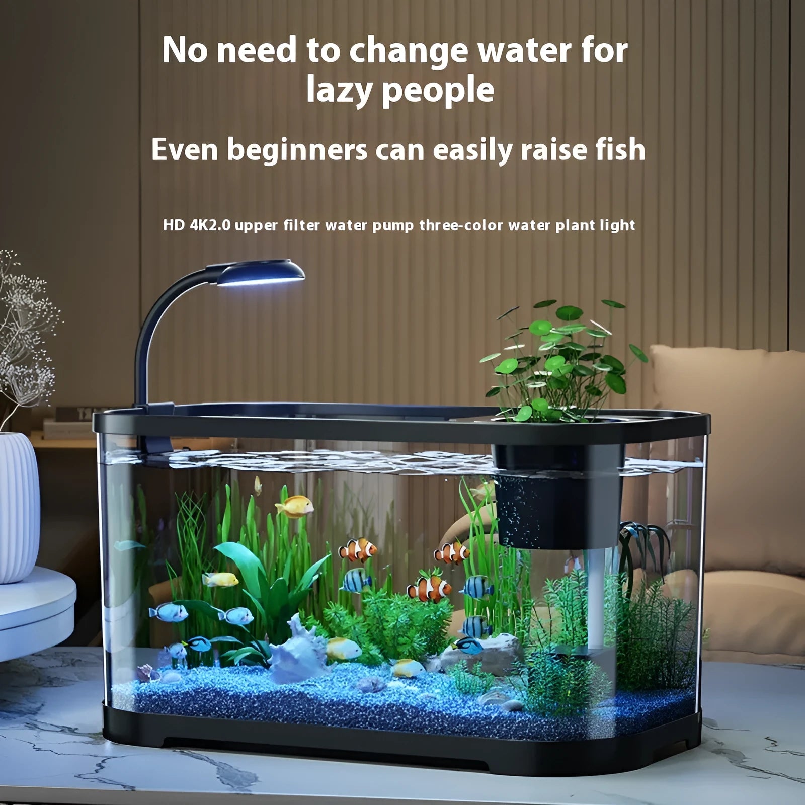 Luxury White desktop fish tank with integrated ecological landscape filter and oxygen system on a wooden table.