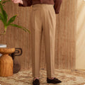 Men's slim fit straight leg business trousers in dark grey, light brown, or light apricot colours.