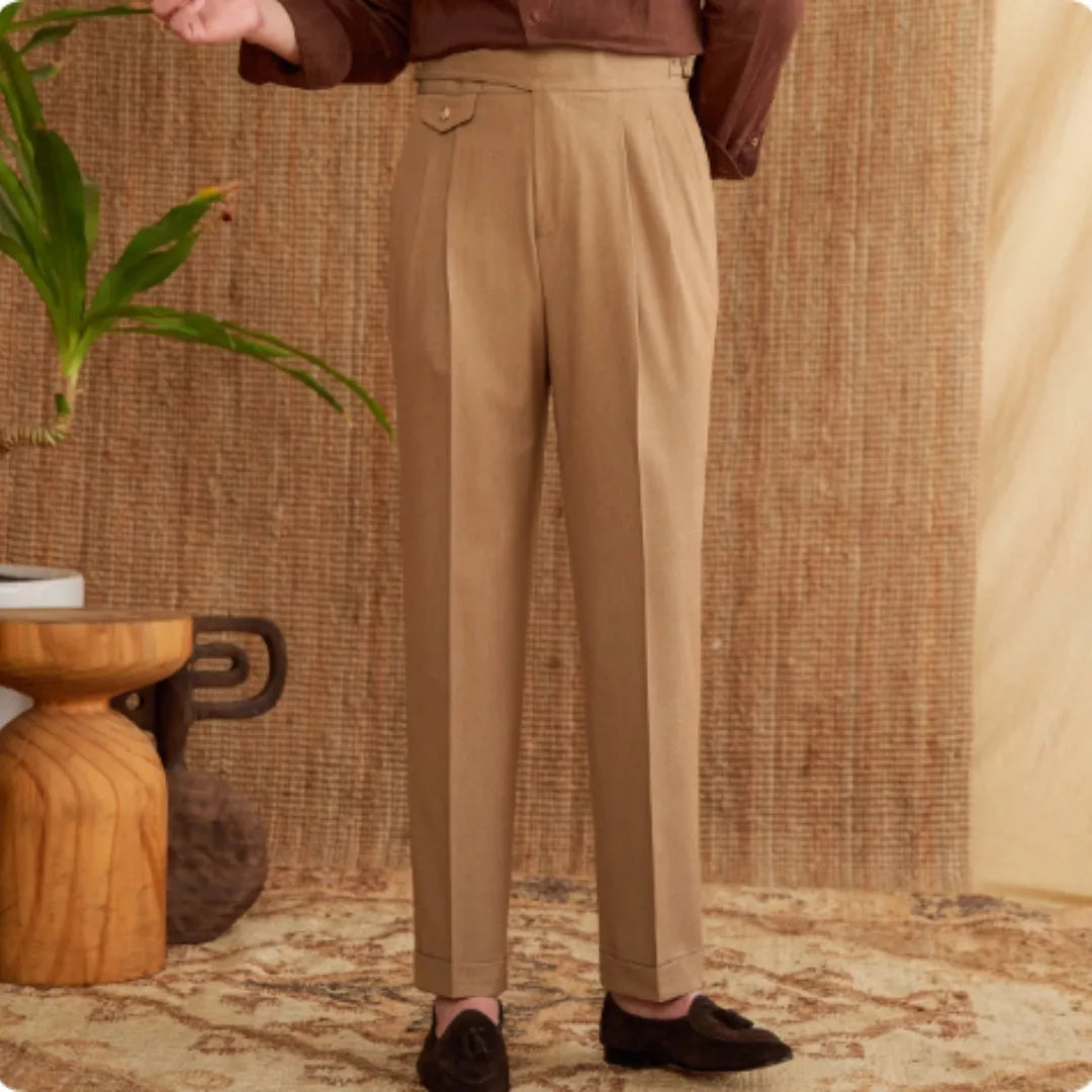 Men's slim fit straight leg business trousers in dark grey, light brown, or light apricot colours.