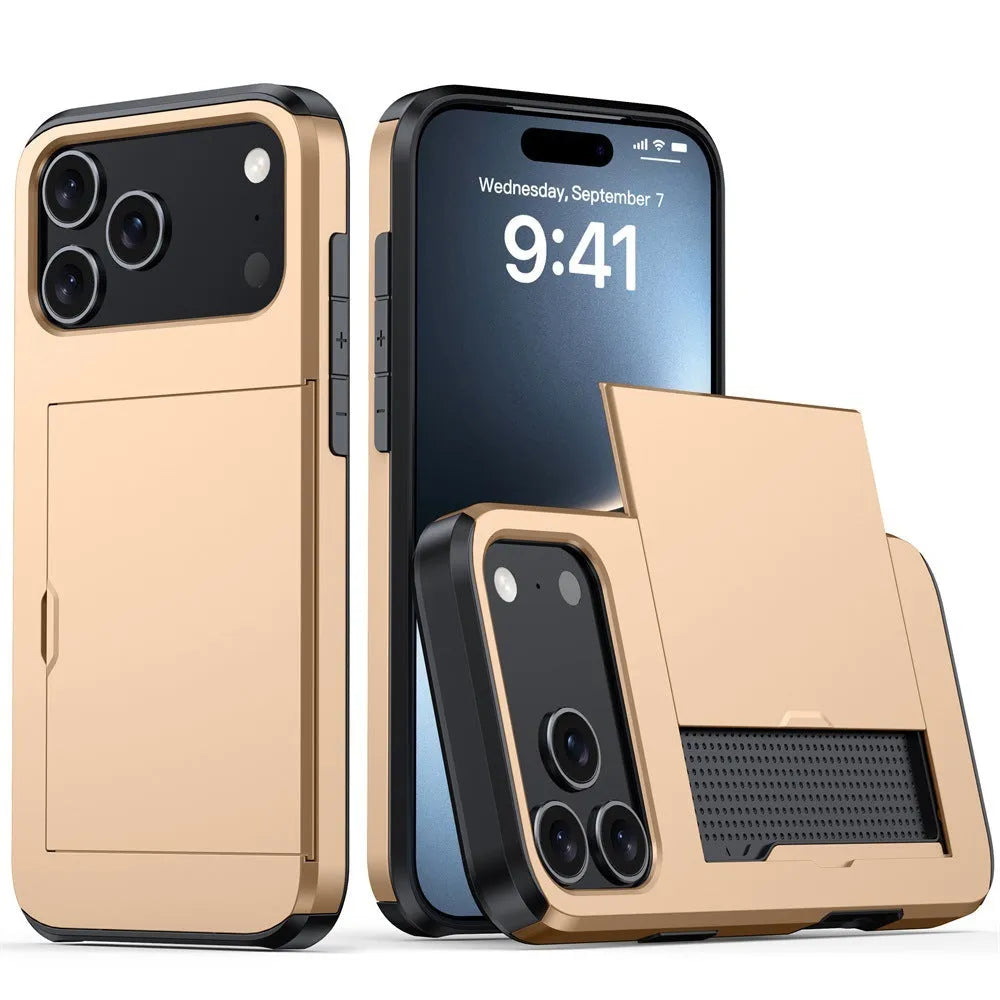 iPhone case with a sliding card cover open, shown in Army Green colour on a table.