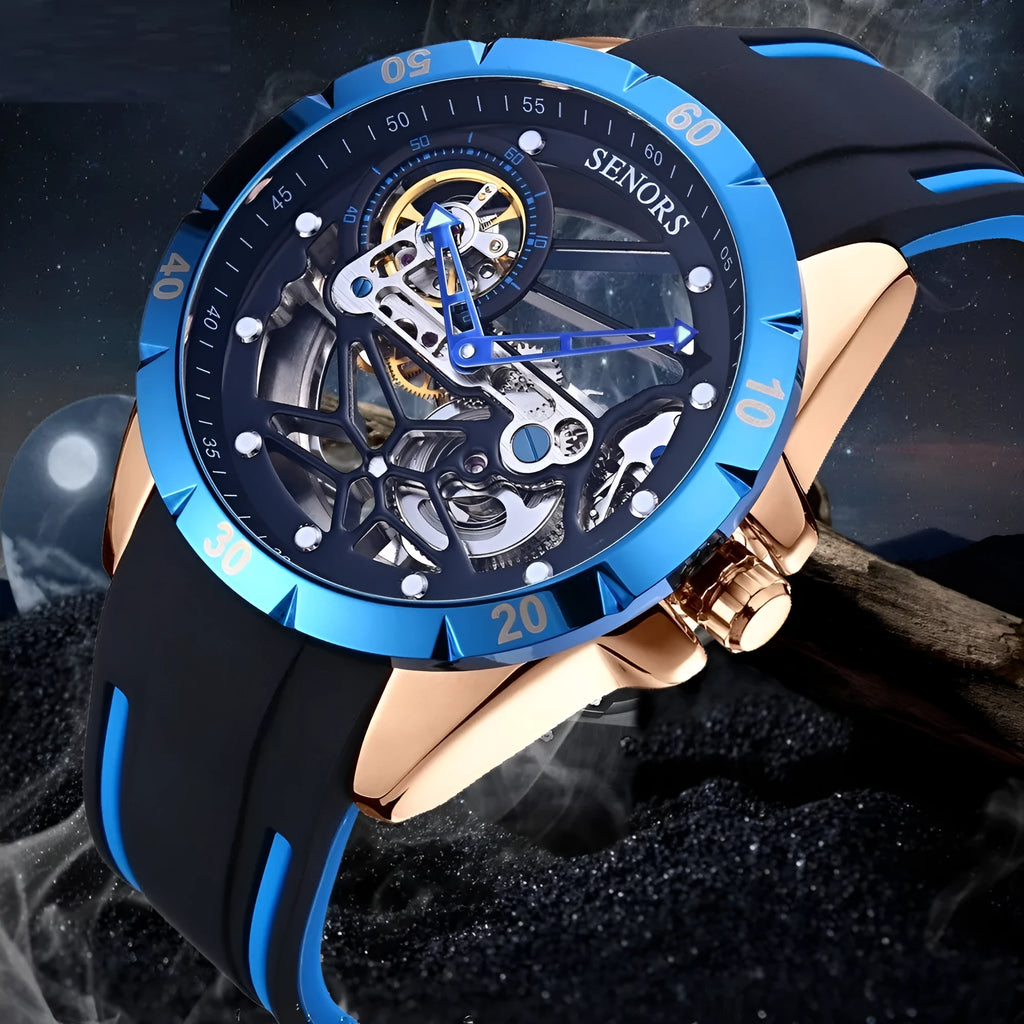 Men's full-automatic watch with open skeleton dial in rose golden blue colour, business style.