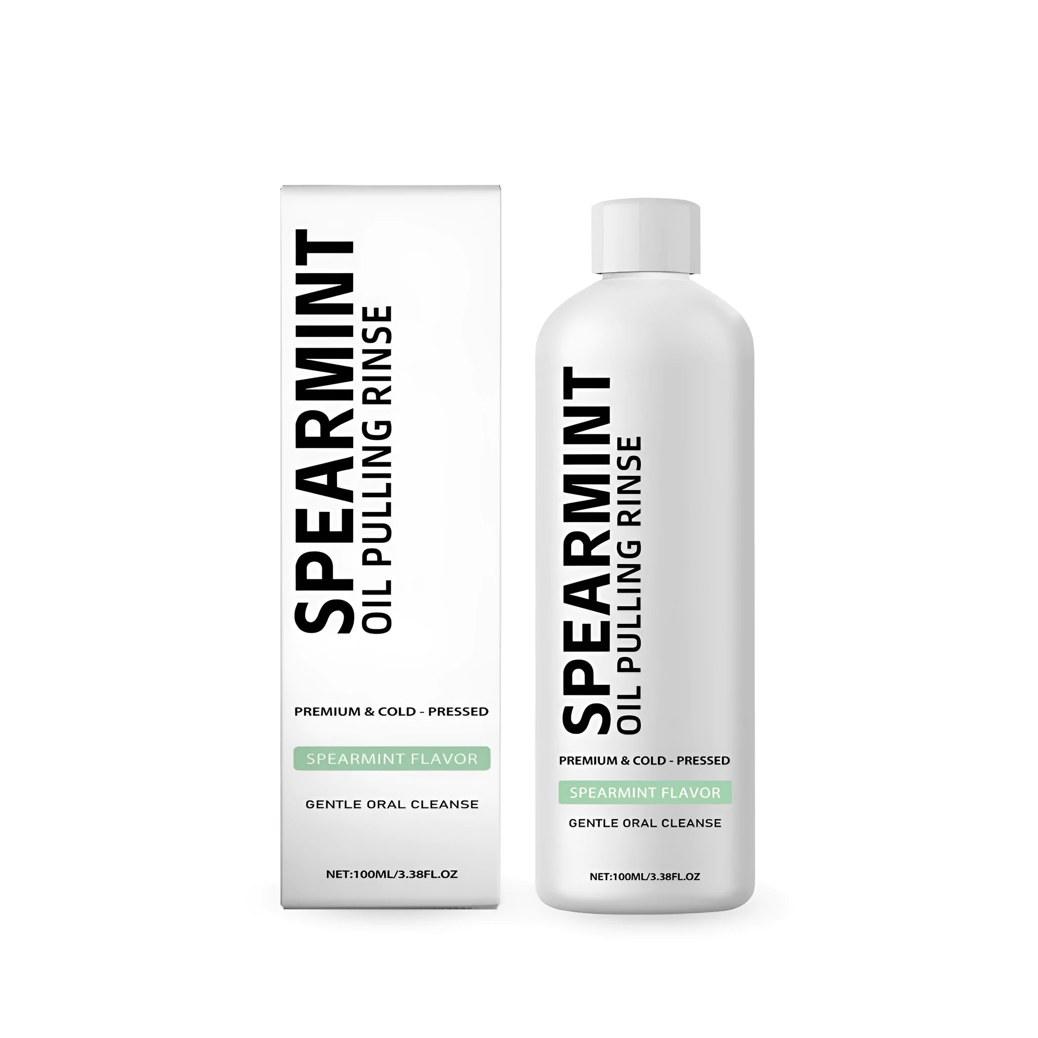 100ml bottle of spearmint oil pulling alcohol-free mouthwash with clove and peppermint oils.