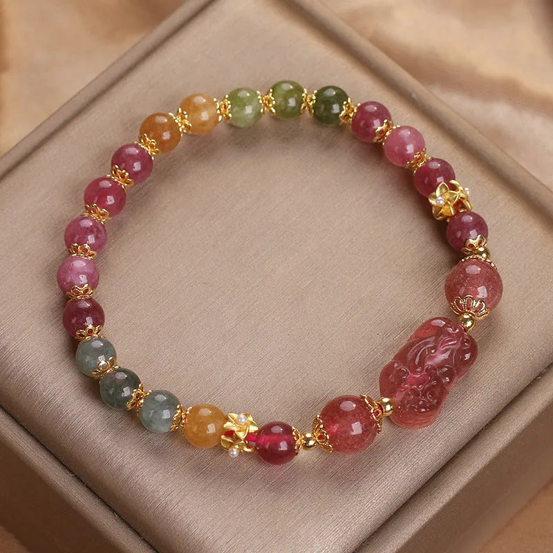 Women's strawberry quartz and pink tourmaline bracelet with electroplated metal chain, 17 cm length