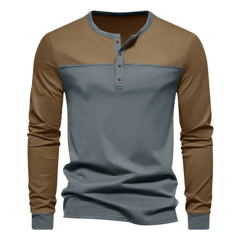 Men's retro colour block long sleeve polyester pullover base shirt in black and brown colourway, loose fit