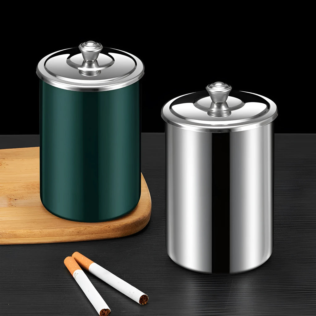 Compact stainless steel fly ash ashtray with cover, funnel, and multiple colour options