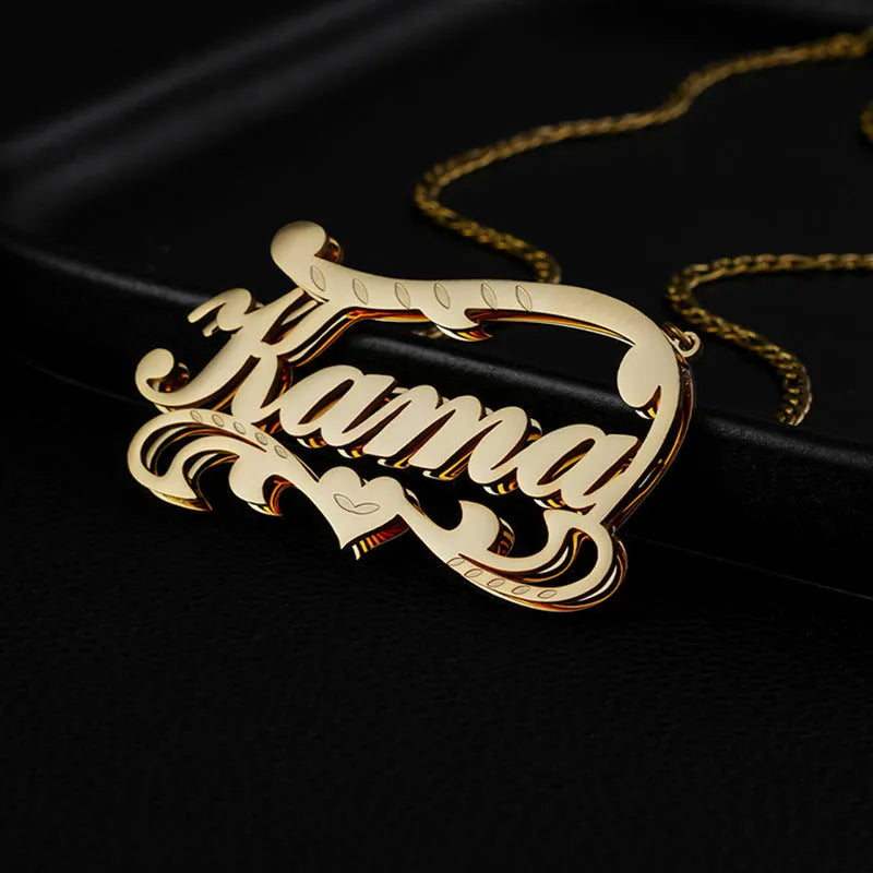 Customised double-layer wave heart necklace in gold or silver stainless steel with adjustable chain.