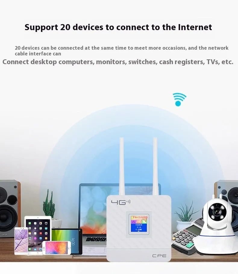 CPF903 LTE router unit with two attached external antennas, USB cable, and power adapter on a desk.