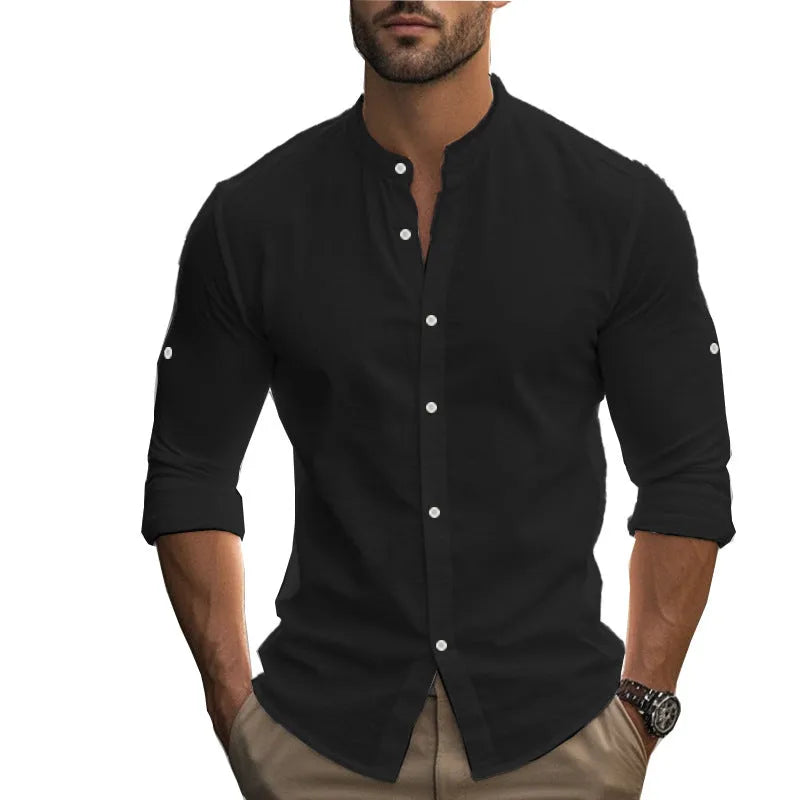 Men's long sleeve standing collar slim fit casual cotton shirt in five colours