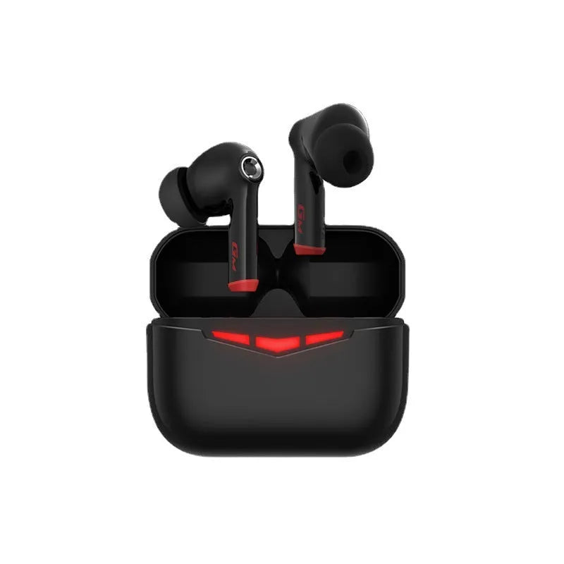 True wireless gaming headset in charging case with multiple coloured silicone ear tips.