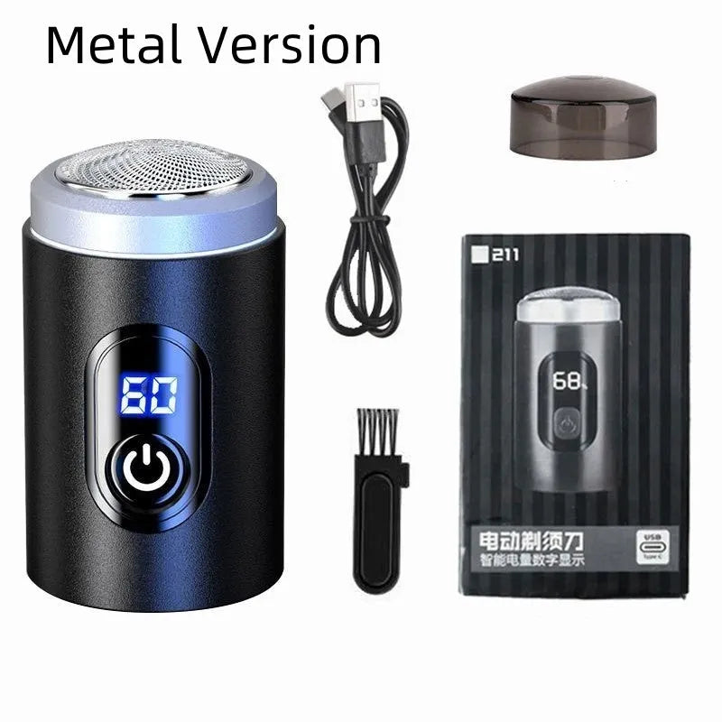 Black mini portable electric shaver with USB charging cable and cleaning brush.