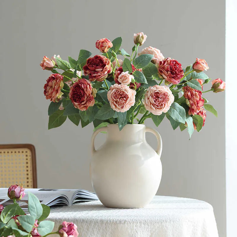 Three head artificial silk rose flower with baked edge petals in beige colour