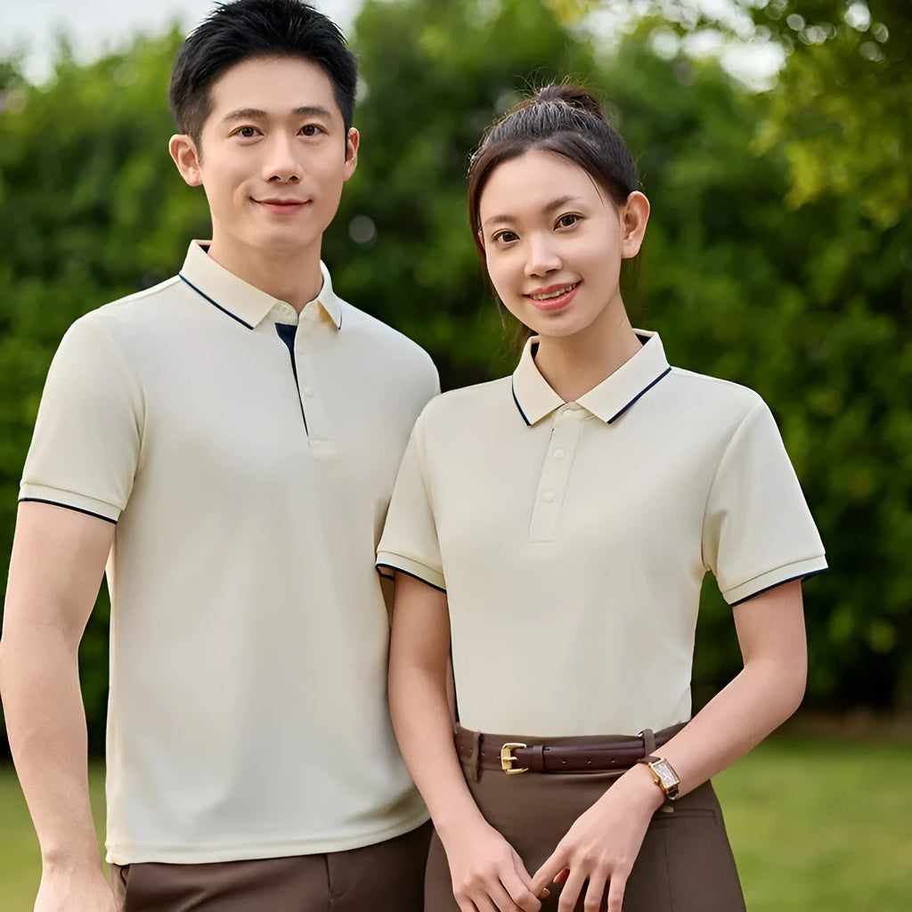 Solid colour viscose short sleeve lapel overalls shown in beige on a model.