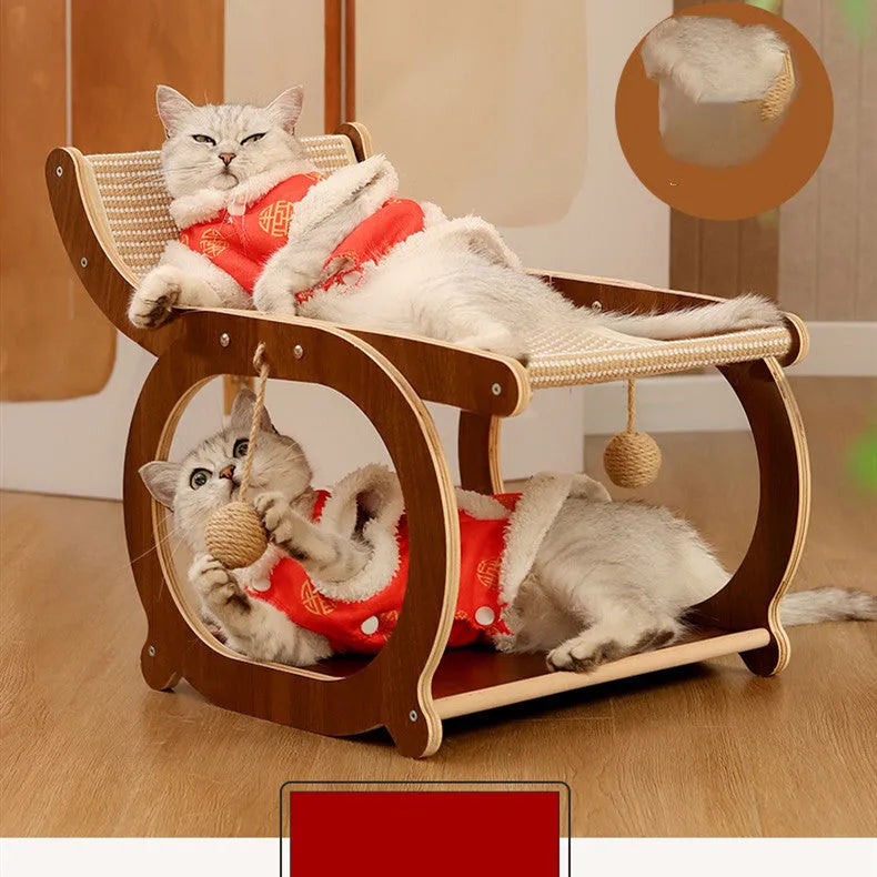 Solid wood cat scratcher mat with sisal scratching surface, shown in wood colour.