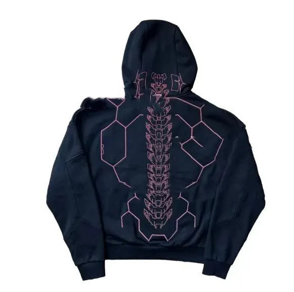 Fashion printed long sleeve sports leisure sweater loose fit polyester patch pocket black colour