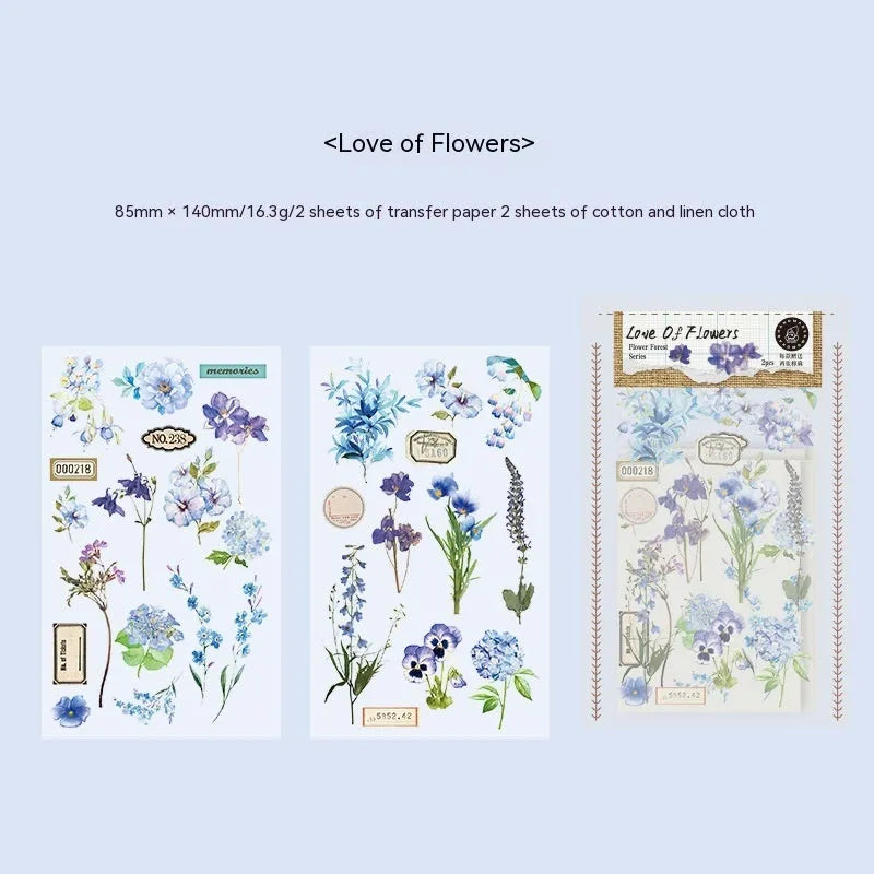 Huazhisen forest art sticker pack showing six colour designs on transfer and cotton linen paper sheets
