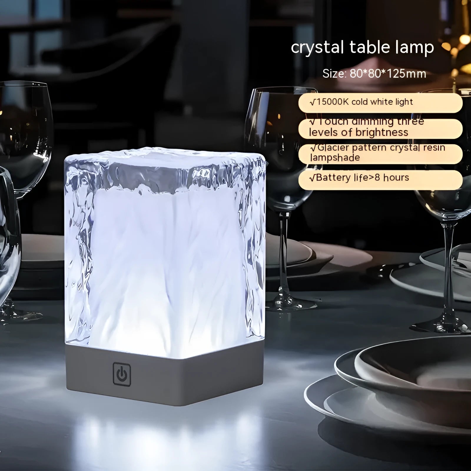 Compact crystal lamp 80x80x12mm with touch sensor and USB cable on a wooden desk