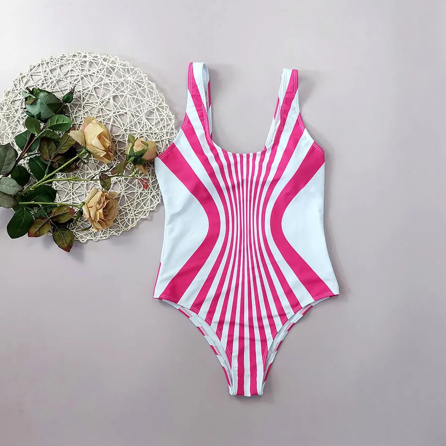 Pink striped one-piece swimsuit for women with front and back digital printing.