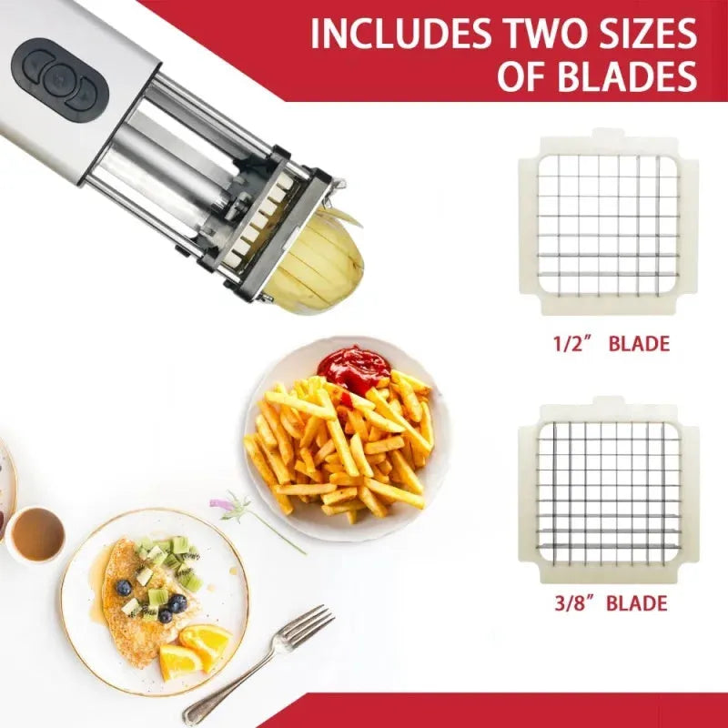 Black electric french fry cutter machine with stainless steel blades on a kitchen countertop.