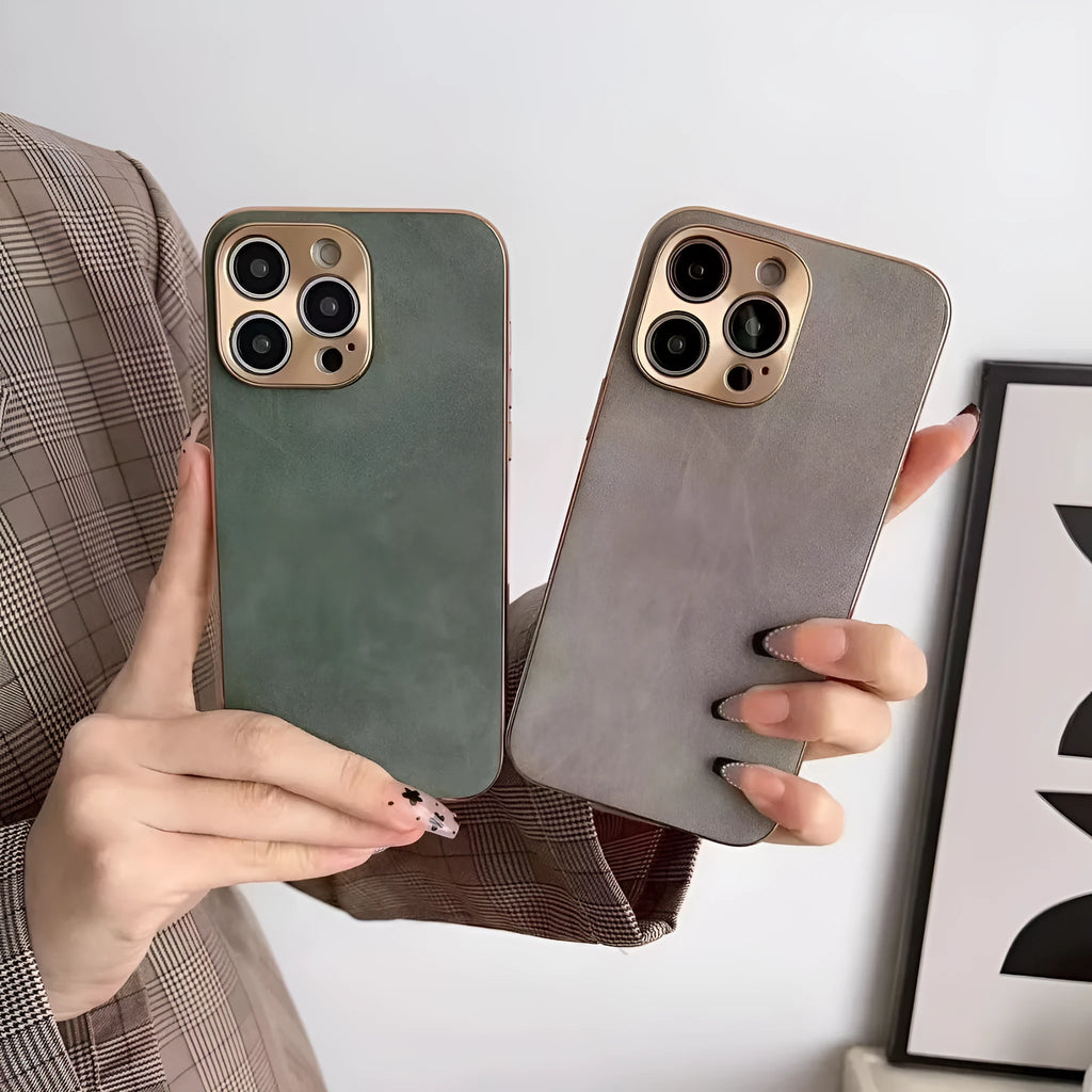 Leather texture TPU phone case for iPhone models in black, blue, grey, and grey-green colours.