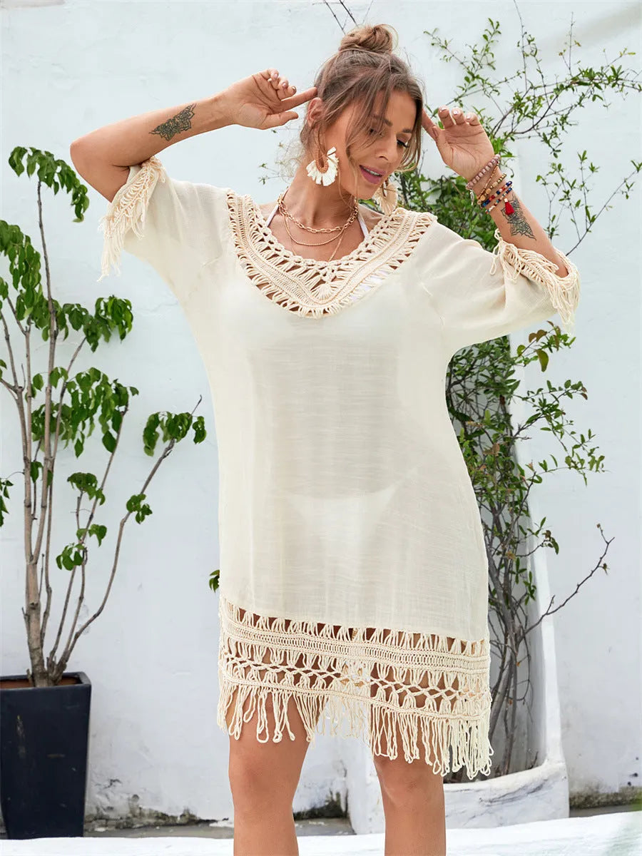 Hand-crocheted apricot beach dress for women with polyester lining for swimming and beach activities