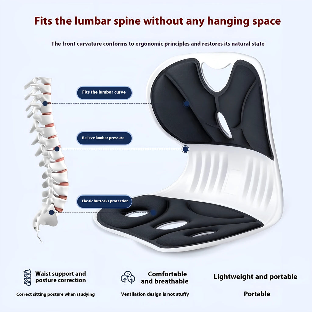 Grey Japanese-style lumbar support cushion for office chair and back pain relief.