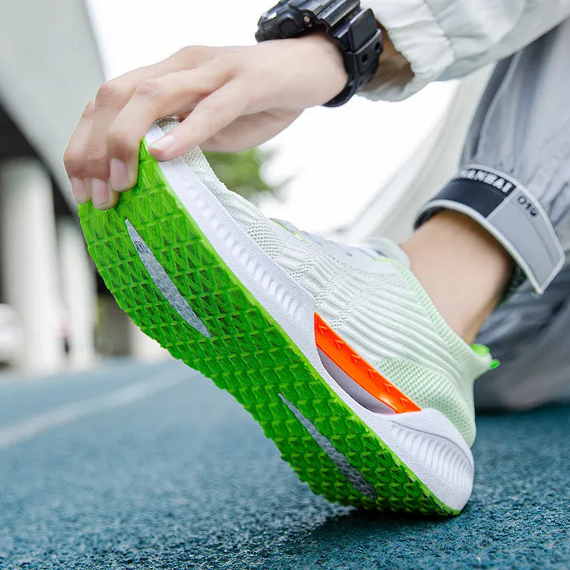Men's blue, grey, and green breathable mesh casual shoes with cloth upper and moulded sole.