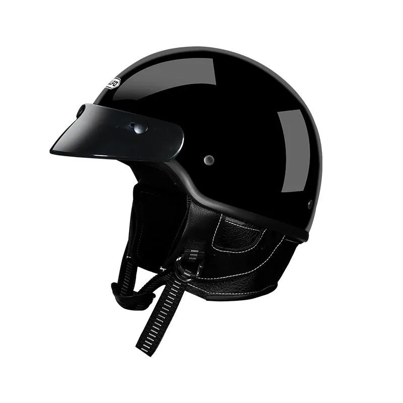 Retro style motorcycle helmet on a solid background, shown in a choice of ivory white, black, or grey.