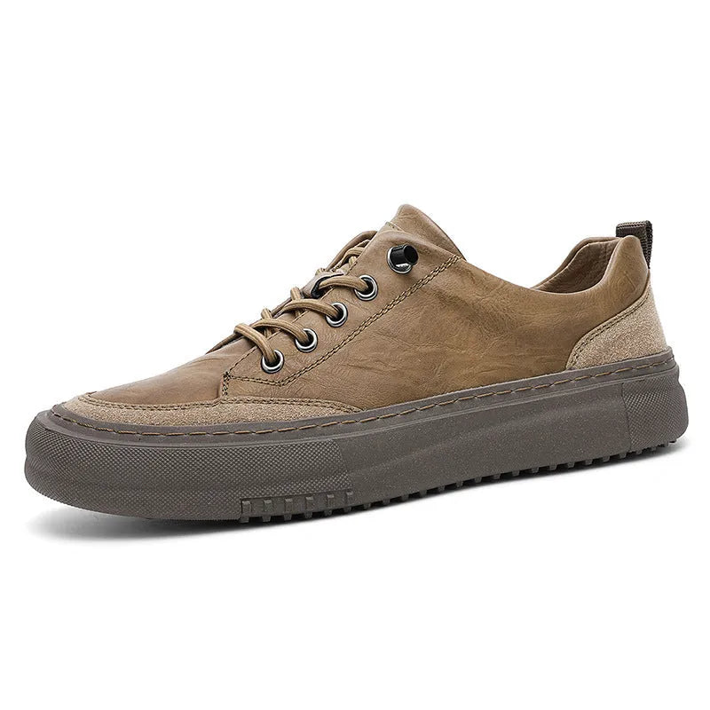 Men's black round toe leather board shoes with lace-up front and rubber sole